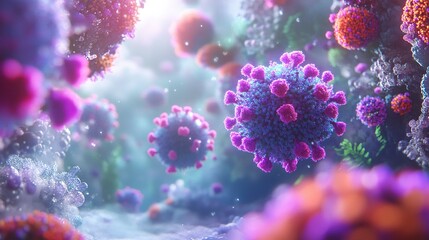 Obraz premium Colorful microscopic view of viruses interacting in a fluid environment with vivid details at a cellular level