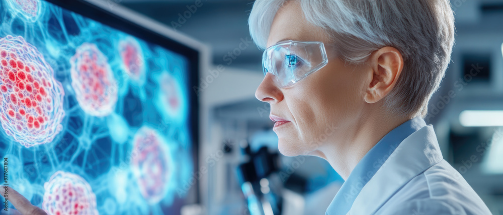 Poster a team of scientists collaborates in a high-tech lab, examining holographic screens that display com