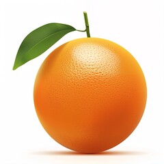 A single, ripe orange with a green leaf sits on a white background.
