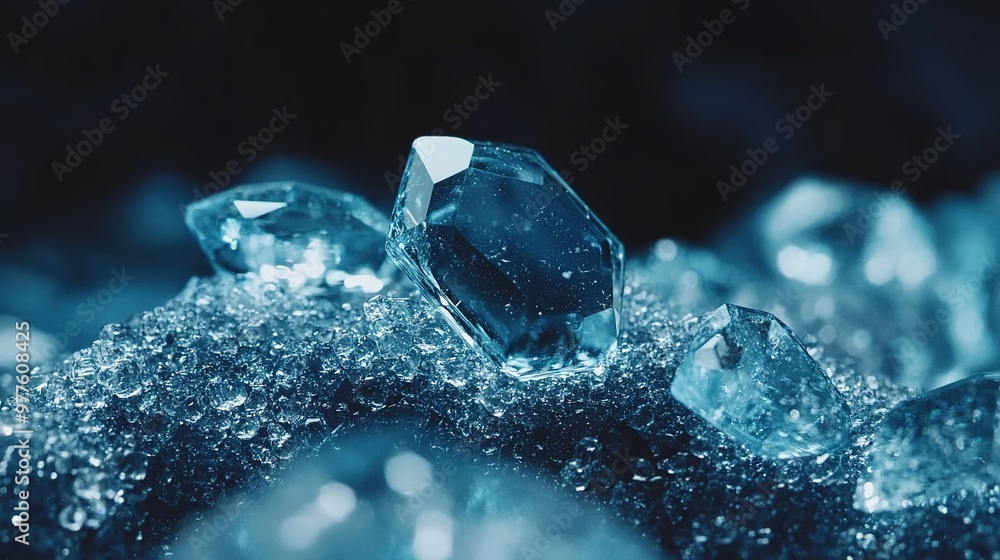 Poster sparkling crystals rest on a dark surface with a textured background, creating a captivating natural
