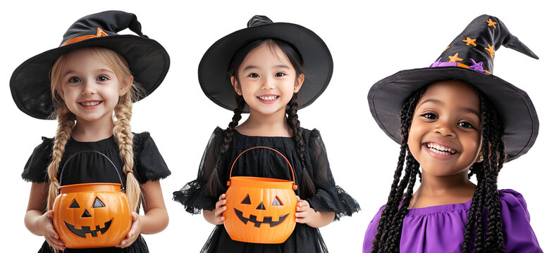 Little girls in Halloween witch costumes and makeup, happy to celebrate in set collection, Isolated on Transparent Background, PNG