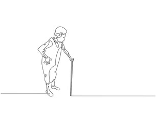 Continuous one line drawing of grandmother walking with a walker. One line drawing illustration of old woman use stick walker. International patient safety day concept line art. Editable outline