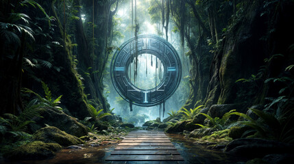 Circular Lightgreen Glowing Sci-fi large Portal of an unknown alien technology in levitation into a tropical humid forest with lighting rays as background