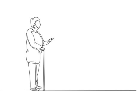 recommend clip art: Continuous one line drawing of grandmother walking with a walker. One line drawing illustration of old woman use stick walker. International patient safety day concept line art. Editable outline