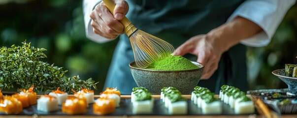 Chef whisking matcha green tea for a traditional wagashi ceremony, vibrant green powder in focus, matcha tea, Japanese sweets, ceremonial and precise