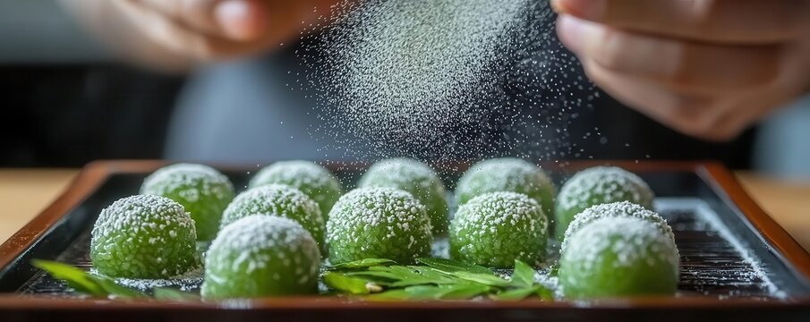 Chef dusting kinako powder over kusa mochi, green mochi infused with yomogi leaves, kusa mochi, Japanese sweet, earthy and vibrant