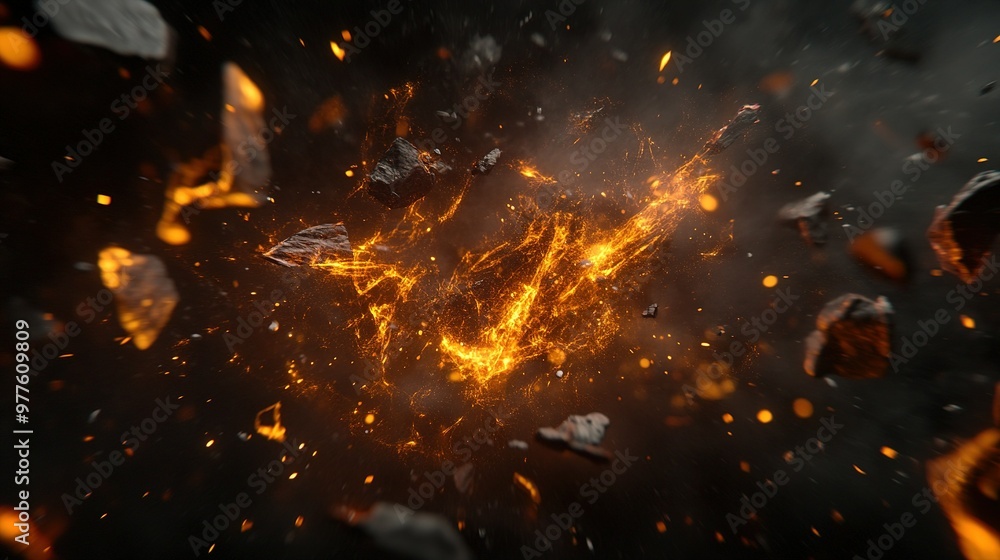 Poster bright orange sparks and fiery particles explode amidst dark rocky debris in a dynamic display of en