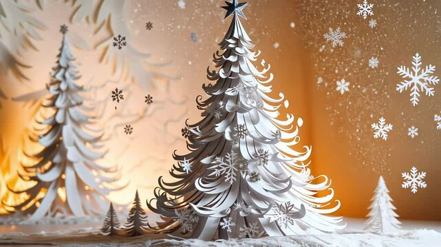 A serene winter scene with white paper trees and falling snowflakes, illuminated softly, evoking a cozy, festive atmosphere
