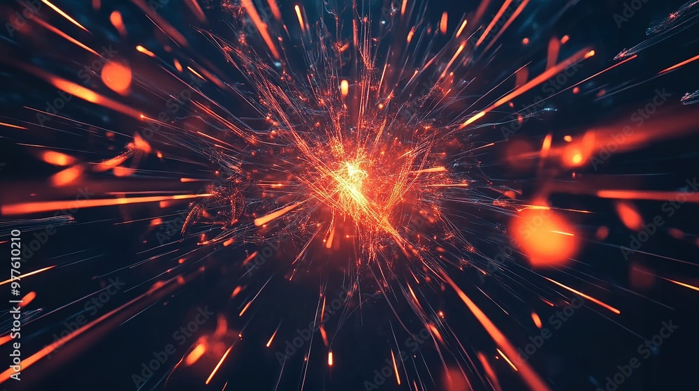 Poster dynamic display of fiery sparks radiating from a central explosion in a dark background during a nig