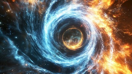 A stunning cosmic vortex with swirling blue and orange energies illuminated against a starry background in deep space