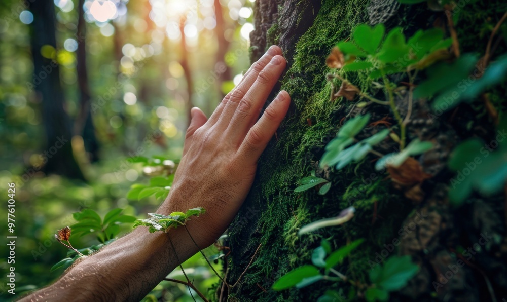 Poster a gentle hand touching the moss covered bark of a tree in a serene forest setting with soft sunlight