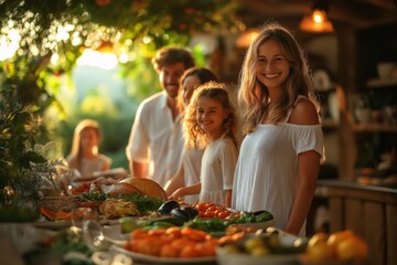 Family gathered around a Thanksgiving table with turkey, vegetables, and snacks