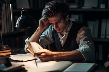 Fototapeta premium Young Man Studying Late at Night with Books and Papers on a Desk