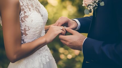 Groom placing ring on bride's finger during wedding ceremony.