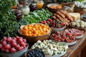 Brunch spread with a variet of dishes pastries. Village Breakfast with pastries, vegetables, greens, spreads, cheeses, fried eggs, jams.
