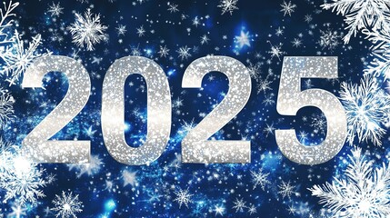 New Year's celebration for 2025 illustrated with sparkling snowflakes and a starry blue background full of winter charm