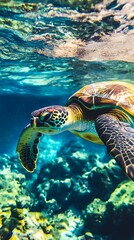 Fototapeta premium Sea turtle gracefully swims through clear blue water.