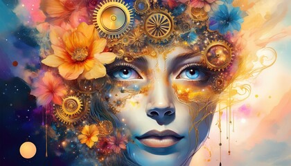 Woman with flowers and gears