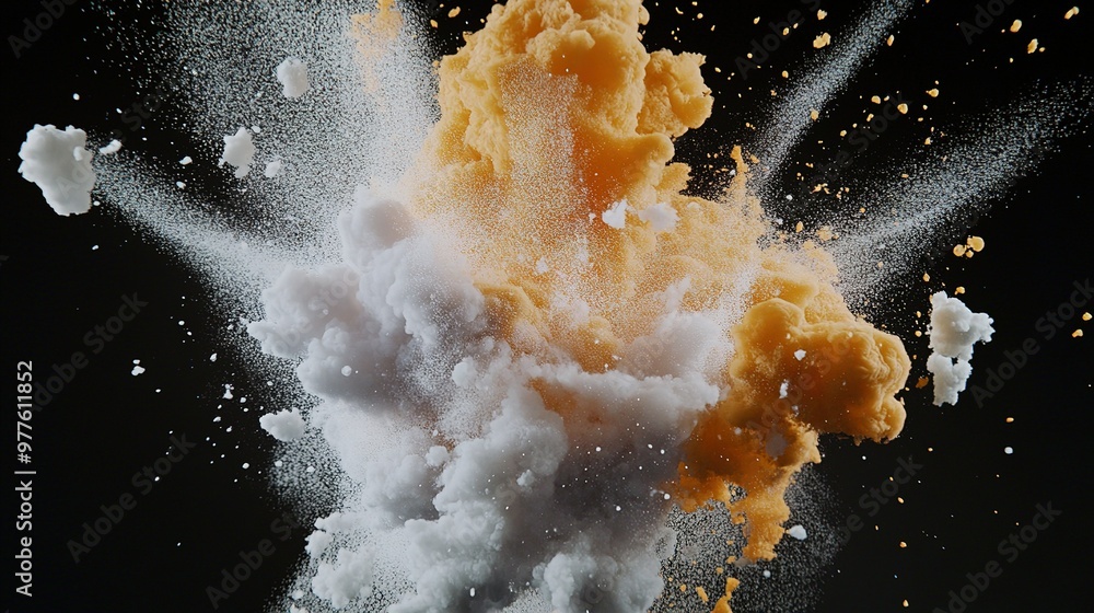 Poster Aerial view of vibrant orange and white powder exploding against a dark background in a dramatic display of color and texture