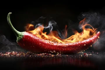 Keuken achterwand Hete pepers Delicious smoky red hot pepper isolated on dark background. Bright red hot chili pepper covered in water droplets with smoke curling around it and flames behind it. Flaming red hot pepper.  © Anahit