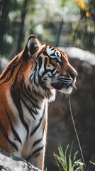 Obraz premium A majestic tiger with striking orange and black stripes stares intently into the distance.