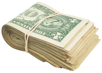 Stack of one dollar American bills. Cash wad roll. Money rolled in half with rubber band. Green USA bank notes. USD banking saving 1$ bills. Isolated background. Paper money note. Business success. 