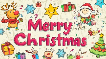 Fototapeta premium Cheerful holiday illustration featuring Christmas decorations, gifts, and playful characters celebrating the festive season