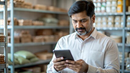 Indian Shopkeeper Monitoring Stock Levels on Mobile Device
