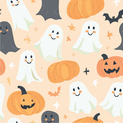 Cute Halloween vector seamless pattern of smiling ghosts and pumpkins