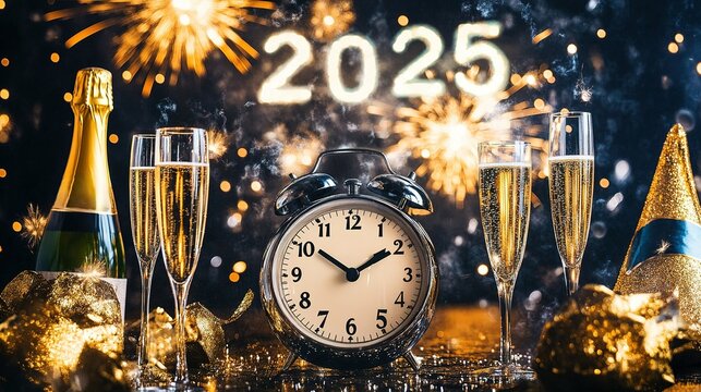 Celebrating the new year 2025 with champagne, festive decorations, and an alarm clock counting down to midnight