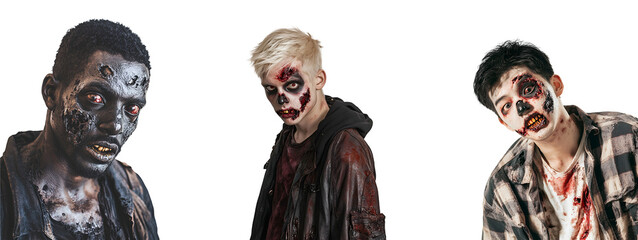 Celebrate Halloween with a collection set of man in zombie costume and makeup, Isolated on Transparent Background, PNG