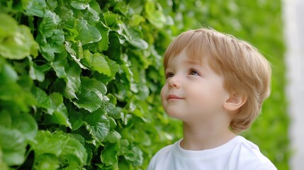 A young boy looking up at a wall of green plants, AI