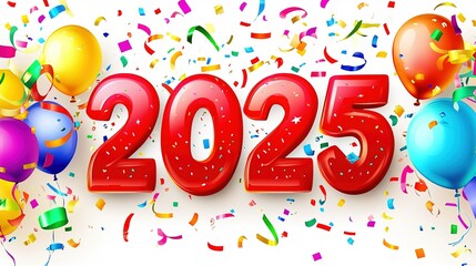 Fototapeta premium Festive celebration with colorful balloons and confetti welcoming the New Year 2025 in a bright and joyful setting