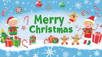 Festive Christmas greeting with cheerful elves, snowflakes, and colorful gifts set against a bright blue background for the holiday season