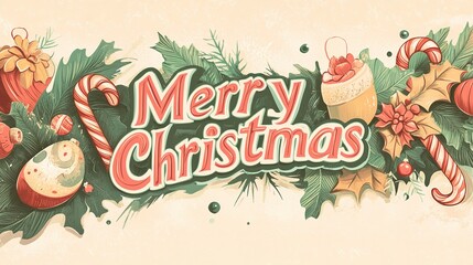 Fototapeta premium Cheerful holiday decorations featuring a festive Merry Christmas message with ornaments, candy canes, and greenery