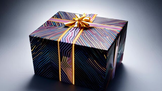 Close-up of a gift box with a bold, colorful zigzag pattern and a shiny ribbon, zoomed out with rim light highlighting the texture

.