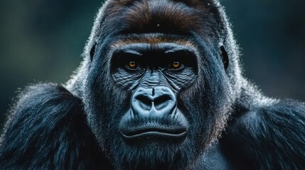 Obraz premium A gorilla with a dark brown face and black eyes, AI