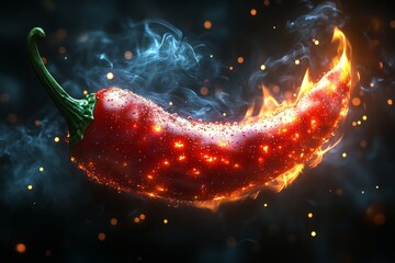 Delicious smoky red hot pepper isolated on dark background. Bright red hot chili pepper covered in water droplets with smoke curling around it and flames behind it. Flaming red hot pepper.