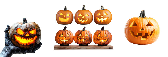 Set collection of various types of Halloween pumpkins, pumpkins on a wooden shelf, zombie hand holding a pumpkin, and a funny, happy Halloween pumpkin, Isolated on Transparent Background, PNG