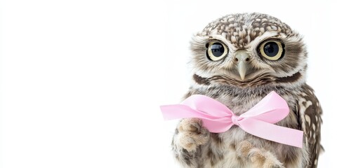 Fototapeta premium Baby Owl with Pink Ribbon - Cute Wildlife Image on White Background