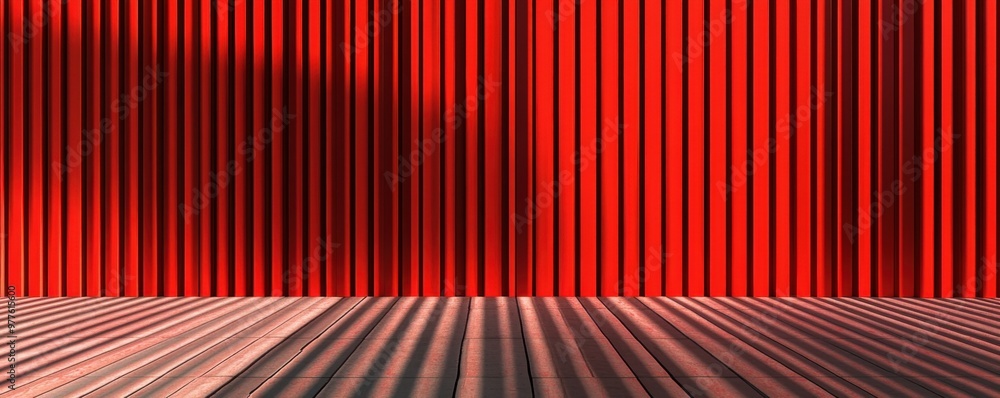 Poster dynamic red wall with horizontal lines and dramatic shadows casting textured patterns in sunlight, c