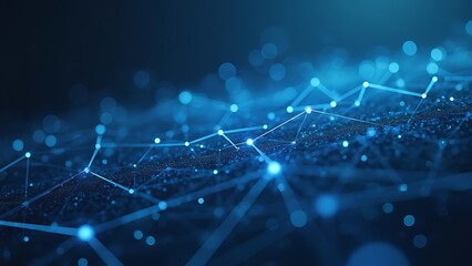 Abstract illustration featuring plexus blue geometrical shapes, representing connection and web concept, with digital communication and technology network background comprising moving lines and dots.