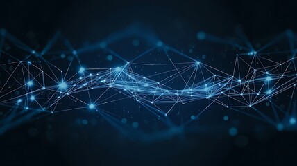 Abstract illustration featuring plexus blue geometrical shapes, representing connection and web concept, with digital communication and technology network background comprising moving lines and dots.