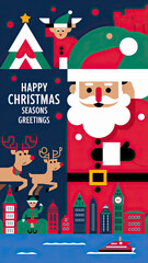 Happy Christmas and Season's Greeting, A modern-style graphic design of a Happy Father Christmas, featuring Christmas tree, reindeer, Snowman and Elf illustration for greeting cards, posters,