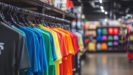 A rack of colorful t-shirts in an athletic wear store, with some hanging on hangers and others displayed for sale The focus is sharp on the shirt designs and colors, while the background Generative AI