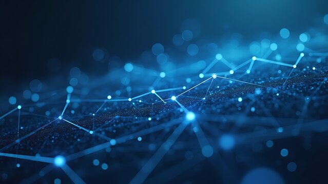 Abstract illustration featuring plexus blue geometrical shapes, representing connection and web concept, with digital communication and technology network background comprising moving lines and dots.