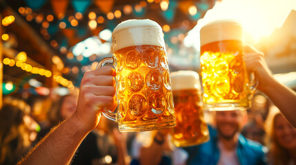 A group of friends raises large beer mugs in celebration at an outdoor festival - Oktoberfest concept
