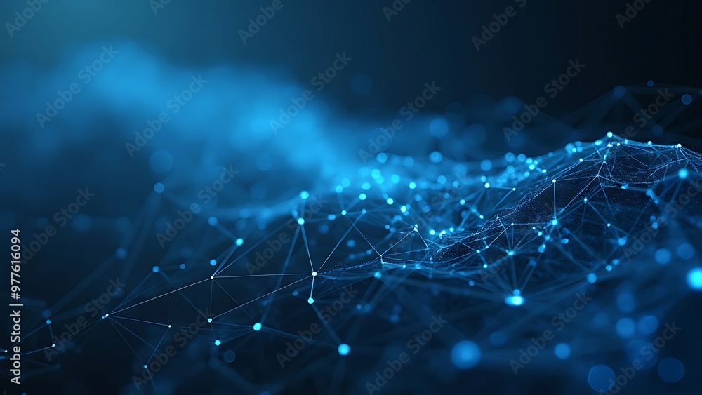 Poster abstract illustration featuring plexus blue geometrical shapes, representing connection and web conc