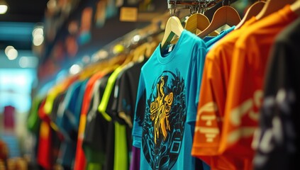 A row of colorful t-shirts on hangers in the sports store, focusing attention on one shirt with an intricate logo design and bright colors Generative AI