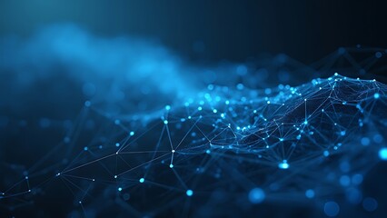 Abstract illustration featuring plexus blue geometrical shapes, representing connection and web concept, with digital communication and technology network background comprising moving lines and dots.